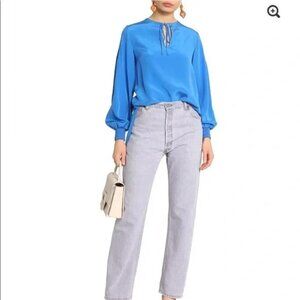 Tibi Drapey Bright Sky Blue Balloon Sleeve Pintuck Silk Blouse - 6